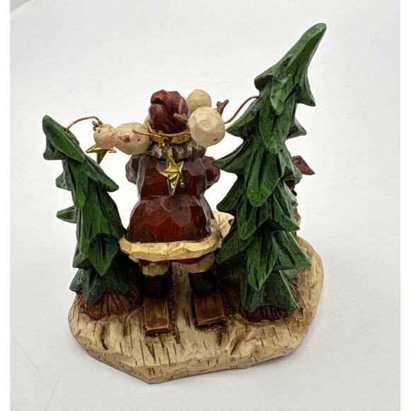 Santa Claus Skiing Christmas Figurine Snowman in Pine Trees Rustic - Picture 2 of 8